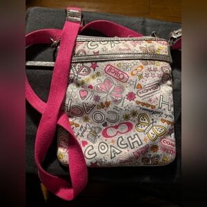 Pink and white Coach butterfly graffiti crossbody bag